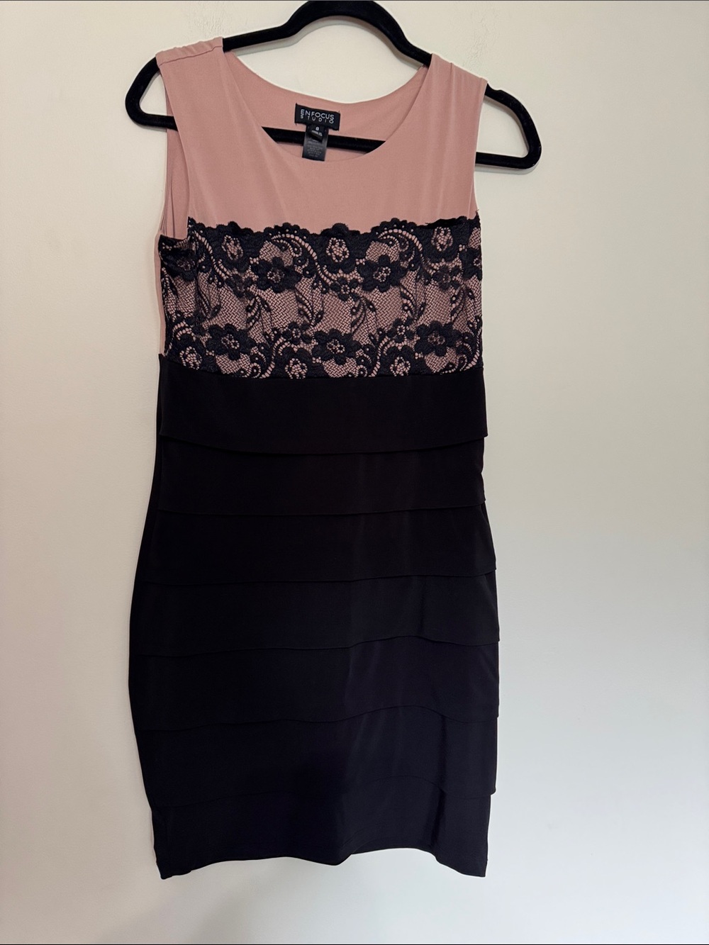 Enfocus Studio Pink and Black Lace Midi Dress